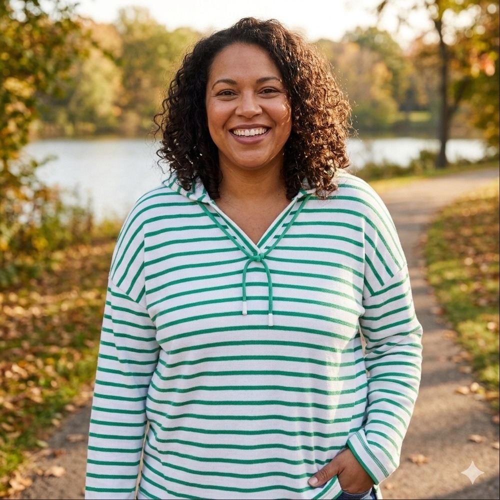 T by Talbots Womens XLp Green White Striped Hooded Pullover Cotton Blend Top